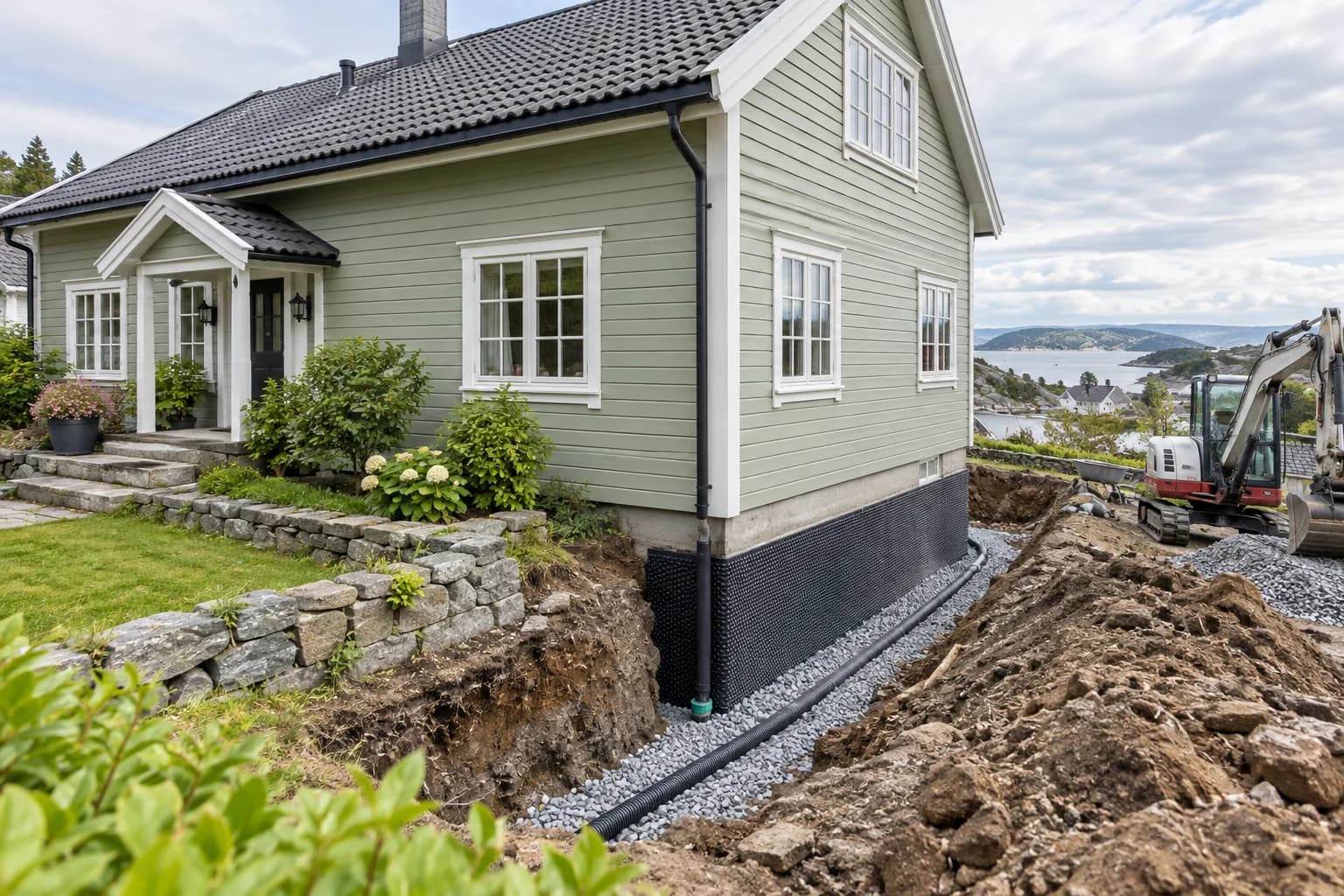 KI-generert motiv: grønt trehus ved en kysthage, med åpen drensgrøft langs grunnmuren.